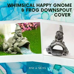 RISE & SIGNS WHIMSICAL GNOME AND FROG DOWNSPOUT COVER GARDEN STATUE - RESIN 8x8"